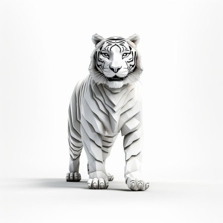the tiger, a minimalist 3d character, stands proudly on a white isolated background, showcasing its full body in a sleek and modern design, perfect for graphics, illustrations, and digital art projects, highlighting the beauty of simplicity and 3d modeling techniques. ai generatedの素材