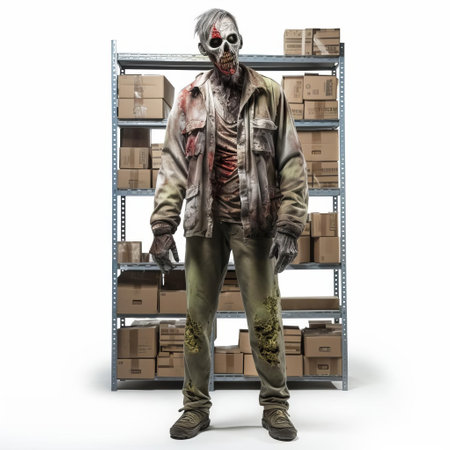 the 3d zombie warehouse worker, standing in a full-body pose, is a terrifying digital creation set against a pristine white background, perfect for horror-themed designs, video games, and spooky visual effects, evoking a sense of dread and foreboding in any scene. ai generatedの素材