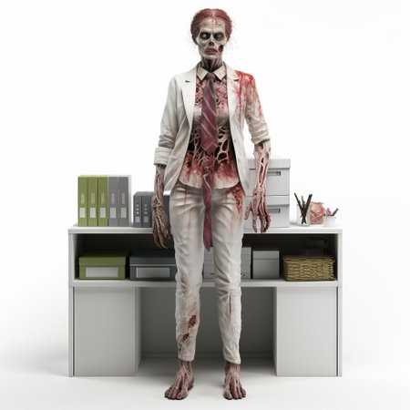 the 3d zombie administrative assistant, standing upright in a full-body pose, is set against a crisp white background, showcasing its undead yet professional attire, complete with a tie and briefcase, blending horror and humor in a unique digital artwork, perfect for halloween or office-themed designs. ai generatedの素材