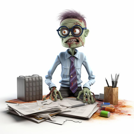 the 3d zombie office clerk, dressed in a worn business suit, stands upright against a pristine white background, its undead eyes fixed on some unknown target, its pale skin and tattered clothing a stark contrast to the sterile surroundings, evoking a sense of dark humor and post-apocalyptic dread. ai generatedの素材