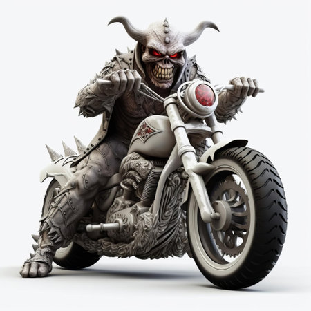 the demon, with its fiery red skin and menacing horns, sits confidently on a sleek motorcycle, its full body visible against a crisp white background, evoking a sense of dark fantasy and rebellious freedom, perfect for fans of heavy metal music and motorcycle enthusiasts alike. ai generatedの素材