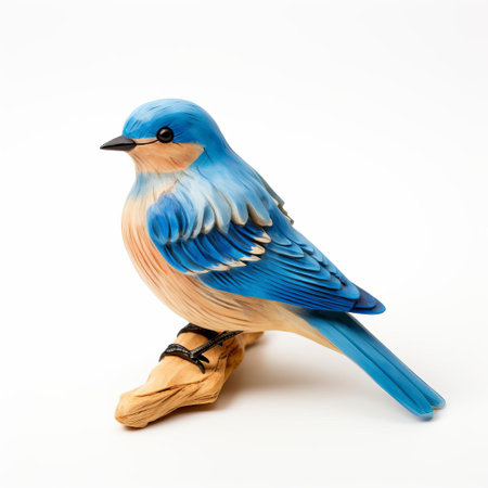 the bluebird, perched on a delicate wooden branch, showcases exceptional craftsmanship in this handmade wooden figurine, set against a pristine white background, highlighting the intricate details and vibrant blue plumage of this beloved bird species, perfect for nature-inspired home decor and woodcraft enthusiasts. ai generatedの素材