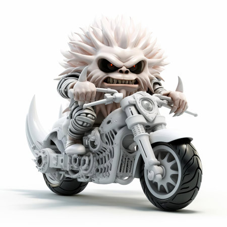 the 3d monster, with its vibrant green skin and menacing eyes, sits confidently on a sleek motorcycle, its massive arms grasping the handlebars, against a crisp white background, creating a striking visual contrast, perfect for fantasy and sci-fi enthusiasts, digital artists, and motorcycle fans alike. ai generatedの素材