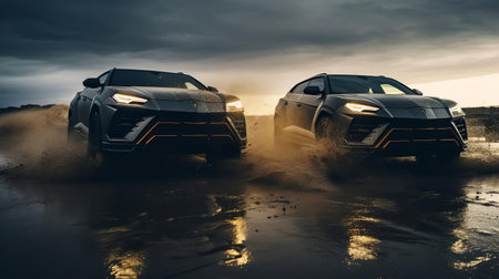 two lamborghini urus performante speed demons from 1990 engage in a heart-pumping, wheel-to-wheel racing duel, their drivers locked in a fierce stare-down as sparks fly beneath them on the slightly wet track, capturing the raw intensity of the competition in a cinematic shot, beautifully rendered on grainy medium format kodak portra 800 film through the lens of an smc takumar 105mm f/2.8, evoking the goldenの素材