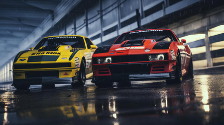 the 1990 chevrolet camaro zl1 racing duo speeds down the track, drivers intensely gazing at each other as sparks fly beneath their wheels on the slightly wet asphalt, capturing the raw energy of the competition in a cinematic shot, exuding a nostalgic vibe with the grainy texture of kodak portra 800 film and the smc takumar 105mm f/2.8 lens. ai generatedの素材