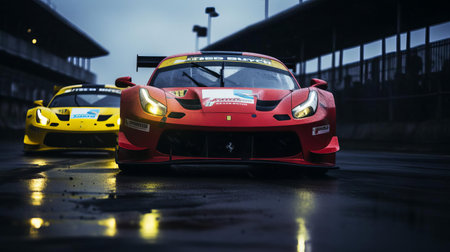 the ferrari 488 gt3 racing cars from 1990 speed alongside each other on a slightly wet track, sparks flying underneath, as drivers intensely gaze at each other, capturing the raw energy of motorsport competition, shot on grainy medium format kodak portra 800 film with an smc takumar 105mm f/2.8 lens. ai generatedの素材