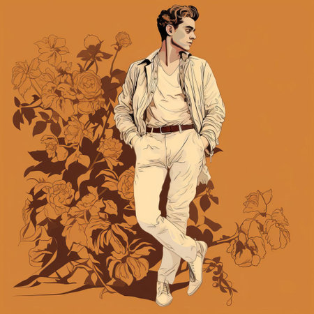 anthony, a stylish gentleman, is beautifully captured in this exquisite digital drawing, inspired by the iconic style of cecil beaton, reminiscent of henri matisse's expressionist lines, rendered in fine-tip pen on a wacom tablet, showcasing intricate details in stunning white and tan hues, presented in breathtaking 32k super-resolution uhd quality. ai generatedの素材