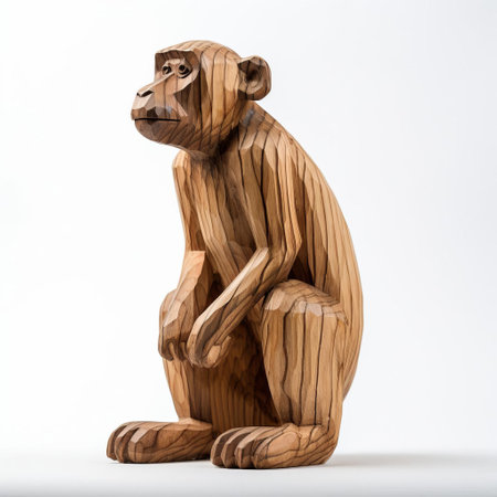 the baboon, meticulously crafted from wood, stands proudly on a pristine white background, showcasing the artisan's skill in capturing the intricate details of the primate's full body, from its expressive face to its agile limbs, evoking a sense of natural wonder and rustic charm. ai generatedの素材