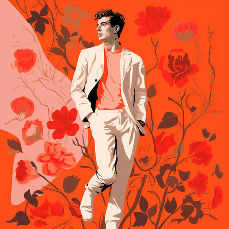 anthony, a stunning full-body portrait, inspired by the iconic style of cecil beaton, is brought to life through digital drawing on a wacom tablet, blending the expressive lines of matisse with the precision of a fine-tip pen, set against a striking white and coral backdrop, presented in breathtaking 32k super-resolution uhd quality. ai generatedの素材