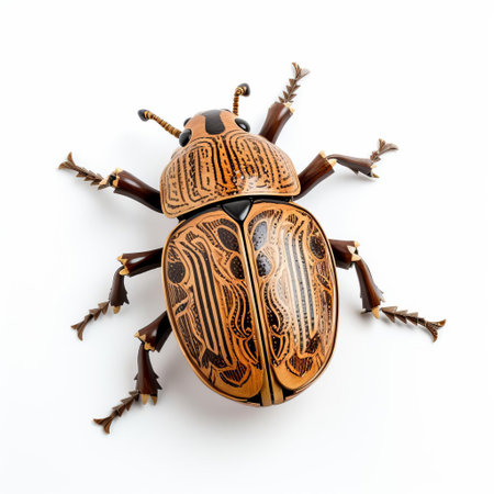 this handmade wood beetle, meticulously crafted to showcase its intricate details, sits proudly on a pristine white background, highlighting its full body structure, showcasing the artisan's skill in woodworking and attention to detail, perfect for nature enthusiasts and woodworking aficionados alike. ai generatedの素材
