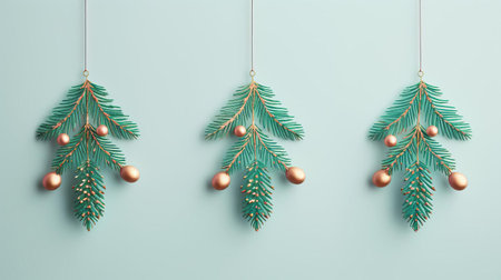 christmas wall hangings adorn a turquoise background, featuring delicate fir branches in a soft, muted color palette with subtle hints of light pink and light gold, perfect for adding a touch of minimalist elegance to any room's decor with its uniquely shaped canvas. ai generatedの素材