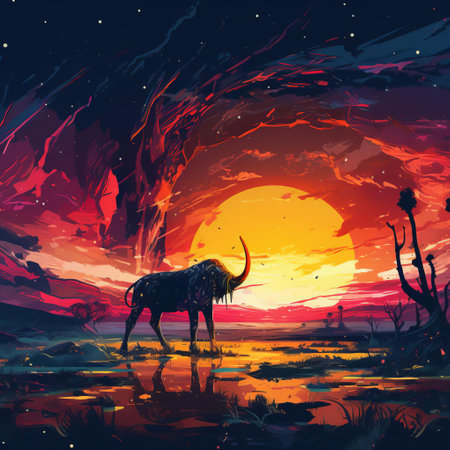 the prehistoric art piece, drawn in a mesmerizing fusion of digital and glitchy styles, evokes a nightcore ambiance with backlight accents, blending primitivism and toycore elements, while exuding an intense emotional expressionism that resonates deeply with the viewer. ai generatedの素材