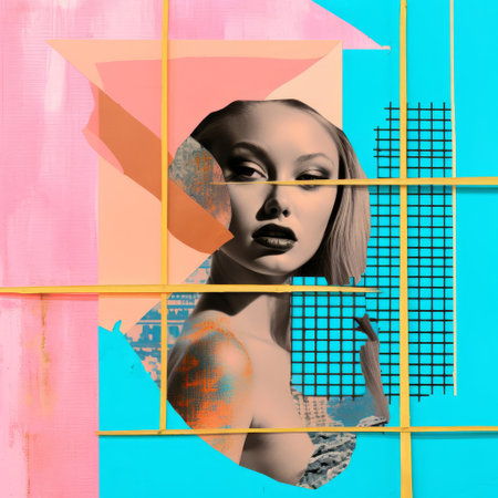 this stunning turquoise and pink collage background features a beautiful cutout cadre, blending realism with abstraction, and is perfectly composed according to the rules of third and golden ratio principles, making it an ideal 32k texture for enhancing details in your designs. ai generatedの素材