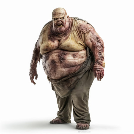 a grotesque 3d fat zombie stands menacingly on a pristine white isolated background, its bloated body a stark contrast to the clean surroundings, perfect for horror or halloween-themed designs, adding a touch of eerie realism to your digital art or graphic projects. ai generatedの素材