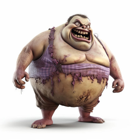 the 3d fat zombie, depicted in a full-body pose, stands out against a pristine white isolated background, showcasing its gruesome features and eerie presence, perfect for horror-themed designs, video games, and halloween-inspired artwork, evoking a sense of fear and unease. ai generatedの素材