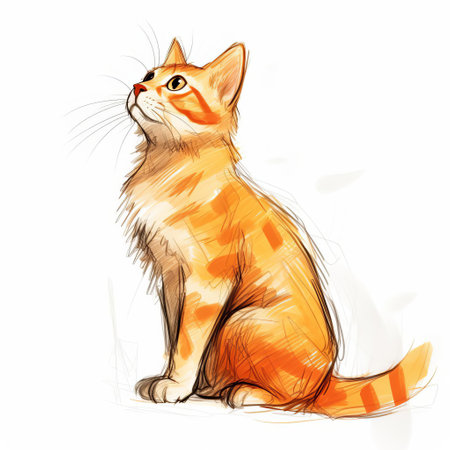the orange cat stands out against a pure white background, its full body in profile showcased in a minimalist, hand-drawn design featuring clean black lines, as it gazes directly into the camera with an endearing expression, exuding warmth and playfulness, perfect for feline enthusiasts and cat lovers alike. ai generatedの素材