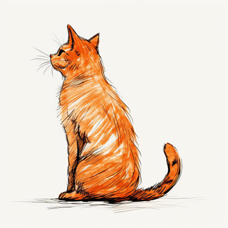 orange cat sits proudly in profile, its vibrant fur popping against a pure white background, as it gazes directly into the camera with an air of confidence, its minimalist, hand-drawn features accentuated by clean black lines, exuding a sense of simplicity and elegance in this stunning feline portrait. ai generatedの素材