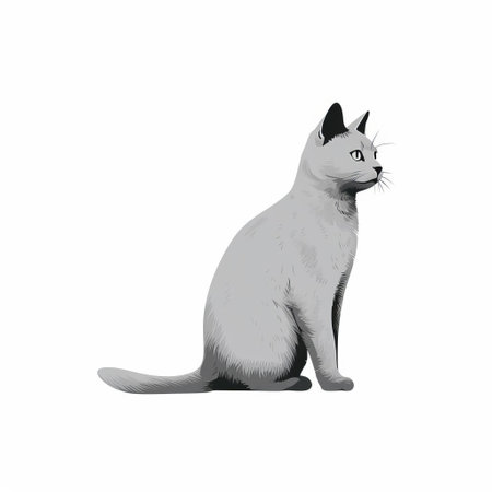 grey cat sits elegantly in profile, its sleek body outlined with clean black lines, gazing directly into the camera with piercing eyes, set against a crisp pure white background, exuding a sense of serenity and simplicity, perfect for cat lovers and minimalist art enthusiasts alike. ai generatedの素材