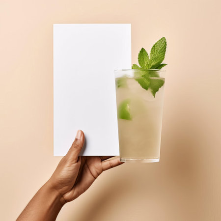 a refreshing mojito mockup sits isolated on a plain taupe background, held by a male hand, showcasing an empty white label waiting for customization, providing a high-detailed and ready-made visual solution for beverage branding, packaging, and advertising design projects. ai generatedの素材