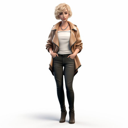 aubrey, a stunning 3d fashion model, poses confidently in a sleek outfit, showcasing her trendy short hair and flawless features, standing out against a neutral background, perfect for fashion designers and 3d artists looking for high-quality, versatile character models. ai generatedの素材
