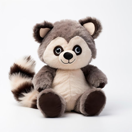 this adorable raccoon stuffed animal sits proudly on a crisp white background, showcasing its soft and cuddly texture, inviting viewers to snuggle up with its endearing charm, perfect for photography enthusiasts and toy collectors alike, highlighting the importance of attention to detail and expert lighting in capturing the playful essence of this lovable plush friend. ai generatedの素材