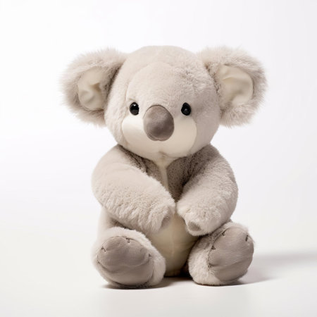this adorable koala stuffed animal sits proudly on a clean white background, showcasing its soft and cuddly texture, inviting viewers to reach out and hug it, while its endearing facial expression and playful demeanor evoke feelings of warmth and affection, making it a perfect symbol of childhood innocence and joy. ai generatedの素材