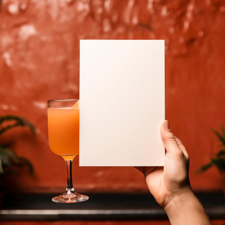 a cocktail sits alone on a rustic background, accompanied by a parent's gentle hand, showcasing a blank white label waiting to be filled with creative branding, perfect for beverage entrepreneurs and designers seeking high-detailed, ready-made mockups for their product packaging designs. ai generatedの素材