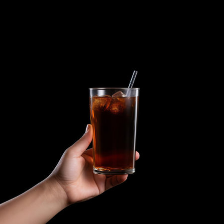 arnold palmer bottle stands out against a plain black background, held firmly by a person's hand, showcasing a high-detailed, ready-made empty mockup with a blank white label, perfect for branding and packaging design, product photography, and e-commerce visual content. ai generatedの素材