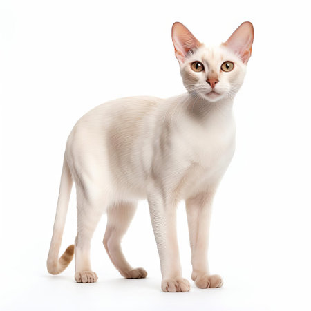 the colorpoint shorthair cat, with its striking cream coat, poses elegantly on a pristine white background, showcasing its muscular build and short, dense fur, a perfect representation of this breed's unique characteristics and playful personality, ideal for cat lovers and breed enthusiasts alike. ai generatedの素材