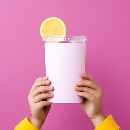 a refreshing lemonade bottle with a blank white label sits in the grasp of a small child's hand, set against a vibrant magenta background, showcasing a high-detailed, ready-made mockup perfect for custom branding, packaging design, and advertising projects. ai generatedの素材