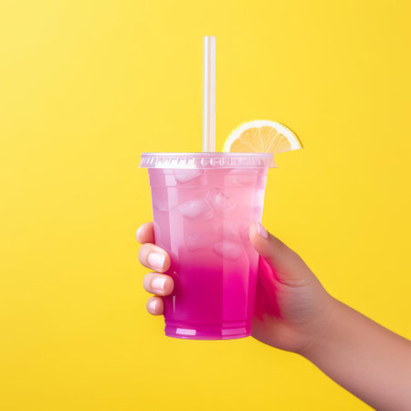 a refreshing lemonade bottle with a blank white label sits perfectly in a child's hand, set against a vibrant magenta background, showcasing a high-detailed, ready-made mockup ideal for branding and packaging designs, perfect for summer-themed advertisements and product promotions. ai generatedの素材