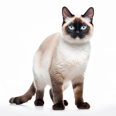 the snowshoe cat, with its striking white and grey fur, sits serenely on a pristine white background, showcasing its athletic build and elegant posture, its piercing eyes gleaming with intelligence, making it a stunning subject for feline photography and cat lovers alike. ai generatedの素材
