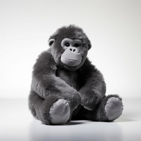 this adorable plush gorilla stuffed animal, with its soft and cuddly texture, is showcased in a stunning close-up photograph against a pristine white background, highlighting its endearing features and playful nature, perfect for capturing the hearts of toy collectors and animal lovers alike. ai generatedの素材