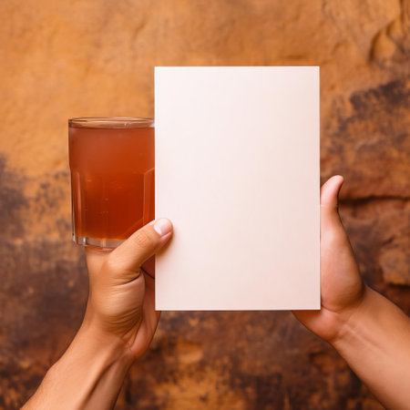 a cocktail glass stands out against a rustic, plain background, showcasing an empty white label waiting to be customized, held securely by a parent's hand, highlighting the perfect blend of simplicity and elegance in this high-detailed, ready-made mockup, ideal for beverage branding and advertising designs. ai generatedの素材