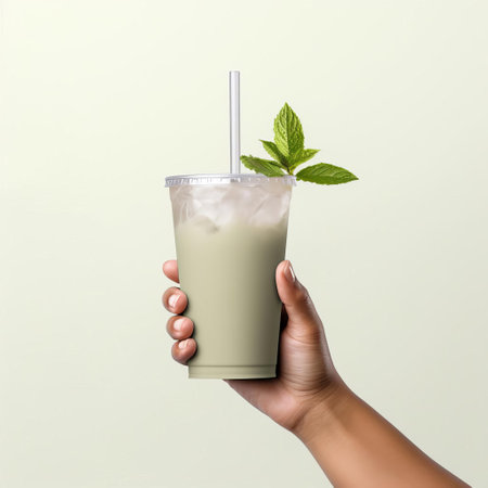 a refreshing mojito mockup sits atop a plain taupe background, showcasing an empty white label waiting for customization, held firmly by a male hand, captured in high detail, providing a ready-made solution for product designers and marketers to promote their beverage branding. ai generatedの素材