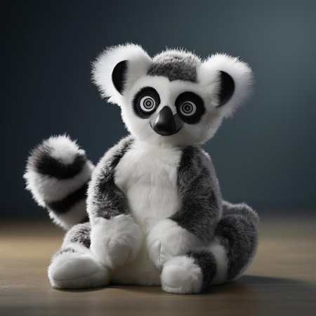 this adorable lemur stuffed animal sits proudly on a crisp white background, showcasing its soft, plush fur and endearing facial expression, inviting viewers to snuggle up with its cuddly charm, perfect for kids and adults alike, evoking feelings of warmth and playfulness in this heartwarming photograph. ai generatedの素材