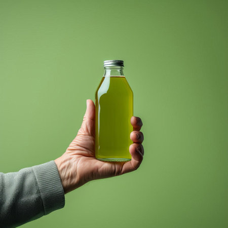 "elderly hands cradle an empty kombucha bottle with a blank white label, set against a serene plain green background, in this high-detailed, ready-made mockup perfect for branding and packaging design, health food marketing, and beverage product photography.", ai generatedの素材