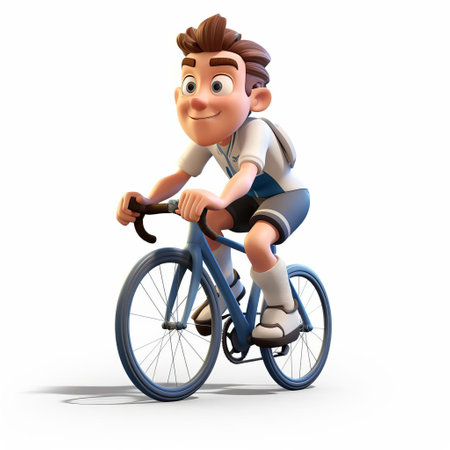 liam, the beloved character, is showcased in this vibrant 3d render cartoon, depicting him in a full-body pose, enthusiastically cycling against a crisp white background, perfect for fans of cycling enthusiasts and cartoon lovers alike, highlighting the joy of outdoor activities. ai generatedの素材