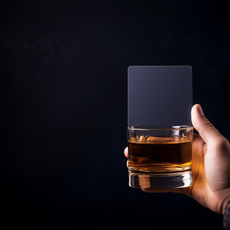a whiskey bottle stands out against a plain navy background, its empty white label waiting for customization, held firmly by a passenger's hand, showcasing a high-detailed, ready-made mockup perfect for liquor branding, product design, and advertising visualizations. ai generatedの素材