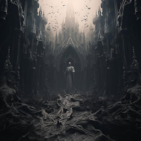 the cathedral of eternal darkness stands majestically against a pristine white backdrop, its intricately carved gothic spires and mysterious stained glass windows evoking an air of mystique, reminiscent of national geographic's most haunting captures, while unsplash-inspired cinematic flair infuses this 16k high-definition masterpiece with an otherworldly essence, elevated by the subtle nuances of a.i. technology. ai generatedの素材