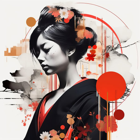 the geisha stands poised amidst a whimsical dreamscape, surrounded by delicate cherry blossoms and wispy clouds, evoking a sense of mystique and serenity in this stunning 16k high-definition japonism-inspired artwork, reminiscent of unsplash and national geographic's cinematic styles, with ai-enhanced details on a pristine white background. ai generatedの素材