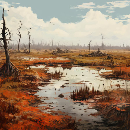 the bog, a serene and mystical landscape, stretches across the flat land of the marsh plains, inhabited by tiny dwarves, brought to life in a vibrant crayon style, evoking a sense of whimsy and fantasy, perfect for fans of mythical creatures and dreamlike scenery. ai generatedの素材