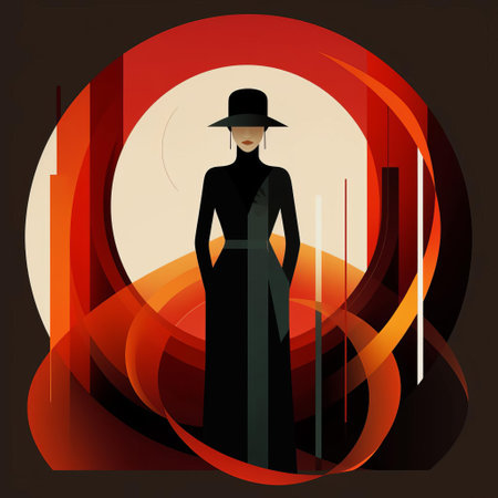 the woman, reminiscent of adele, stands confidently amidst the flames, exuding a sense of minimalist chic, as the meticulous detail and thick texture of her attire evoke a bauhaus-inspired aesthetic, blending contrasts of fire and ice in a striking visual harmony. ai generatedの素材