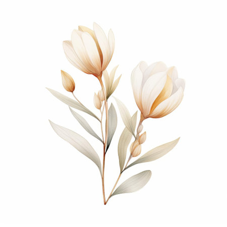 crocus flowers are beautifully depicted in this neat watercolor illustration, showcasing delicate pastel beige petals and eucalyptus leaves on a crisp white background, perfect for spring and nature-inspired designs, botanical art, and floral patterns. ai generatedの素材