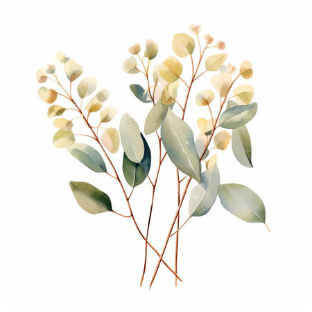 eucalyptus, a popular australian native plant, is beautifully showcased in this neat watercolor illustration, featuring soft pastel beige hues against a crisp white background, perfect for nature-inspired home decor, botanical art, and eucalyptus lovers alike. ai generatedの素材