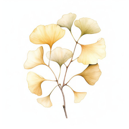 the ginkgo biloba, also known as the maidenhair tree, takes center stage in this beautiful watercolor illustration, featuring delicate eucalyptus leaves in soft pastel beige hues against a crisp white background, perfect for nature-inspired art lovers and botanical enthusiasts. ai generatedの素材