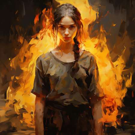 the woman stands defiantly amidst the flames, her fiery spirit echoed in the vibrant hues and thick, impasto textures of this new media art-inspired masterpiece, evoking the avant-garde style of billie eilish, with meticulous attention to detail that draws the viewer into her blazing world of rebellious beauty. ai generatedの素材