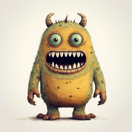 a vintage monster, with its eerie eyes and menacing grin, stands proudly on a white isolated background, showcasing its full body in all its terrifying glory, perfect for horror fans and enthusiasts of retro creature designs. ai generatedの素材