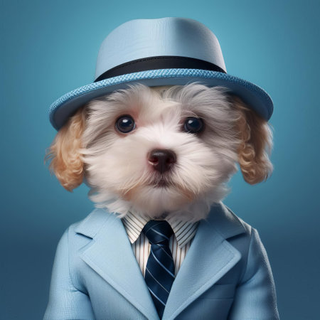 this charming ragamuffin cat, dressed in a dapper light blue hat and suit, exudes elegance and sophistication, its adorable whiskers and expressive eyes captivating the viewer, set against a subtle background, showcasing the beauty of minimal retouching in this stunning hyper-realistic photo. ai generatedの素材