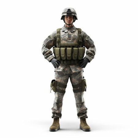the 3d soldier, dressed in a detailed and realistic full-body uniform, stands proudly on a crisp white isolated background, showcasing the intricate design and texture of the military attire, perfect for use in digital art, video games, and graphic design projects. ai generatedの素材